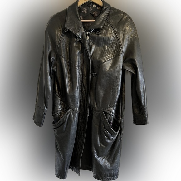 Vintage 80s Preston & York Leather Coat Black Oversized Design - Picture 1 of 15
